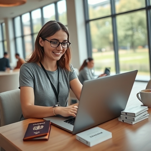 A new joiner working through their onboarding checklist on a laptop, with a passport and documents on the desk.