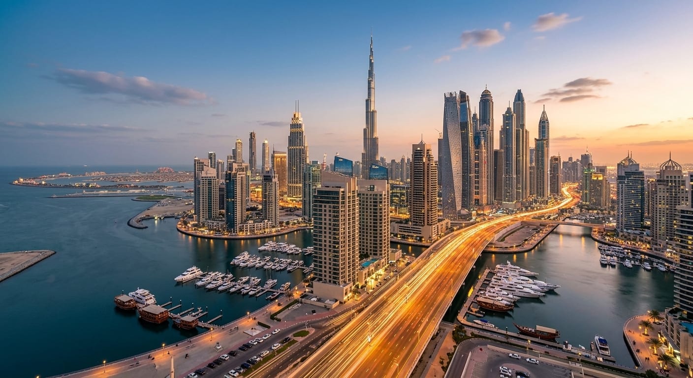 The Dubai skyline at dusk, with the Burj Khalifa, the Marina towers and Sheikh Zayed Road lit up along the waterfront.